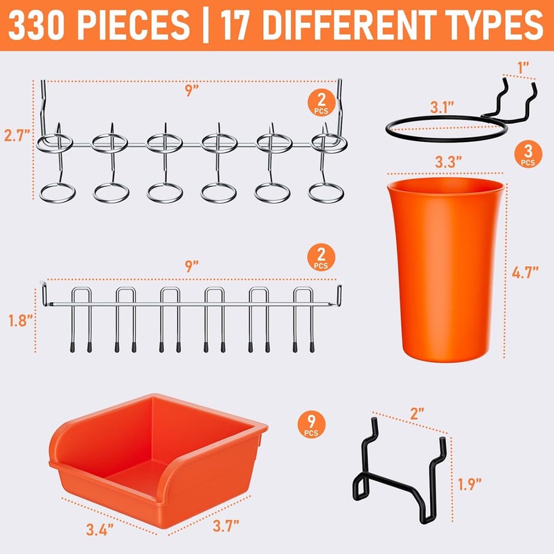 INCLY 330PCS Upgraded Pegboard Accessories Organizer Kit, Peg Board Hooks Assortment with Bins & Cups for Organizing Tools, Fit 1/8 or 1/4 inch Pegboard for Garage Workshop Wall Hanging Tools - Image 4
